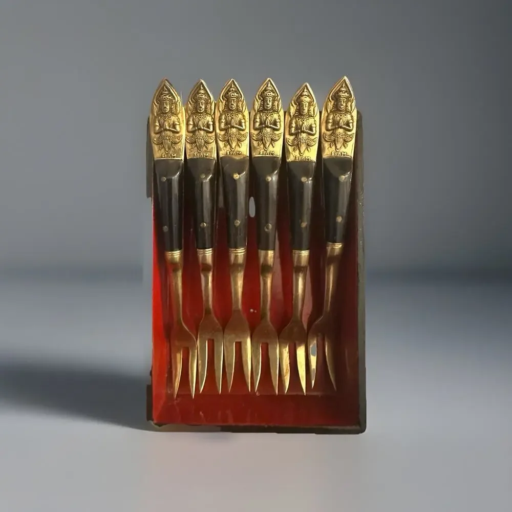 1950’s Siam Buddha Flatware Set Bronze Brass 6 Shrimp Forks Lacquer Display Box